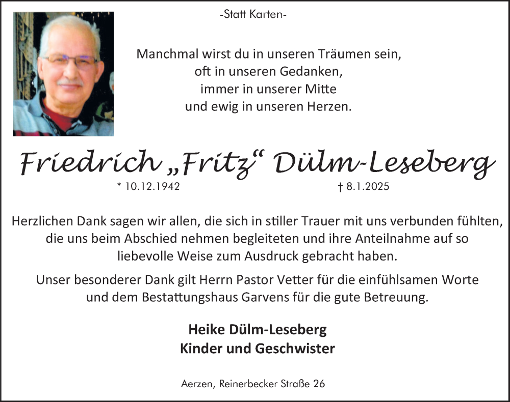  Traueranzeige für Friedrich Dülm-Leseberg vom 08.02.2025 aus Deister- und Weserzeitung