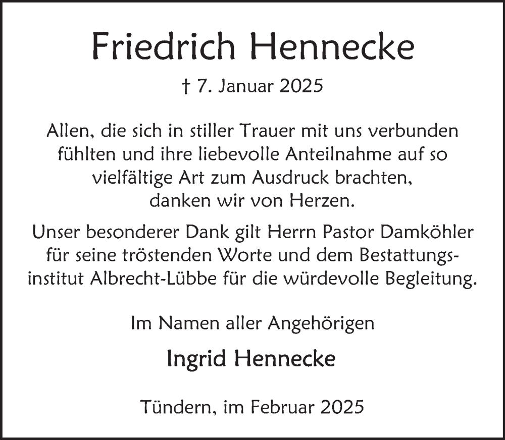  Traueranzeige für Friedrich Hennecke vom 08.02.2025 aus Deister- und Weserzeitung