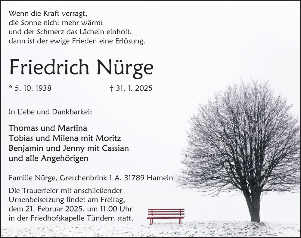  Traueranzeige für Friedrich Nürge vom 08.02.2025 aus Deister- und Weserzeitung
