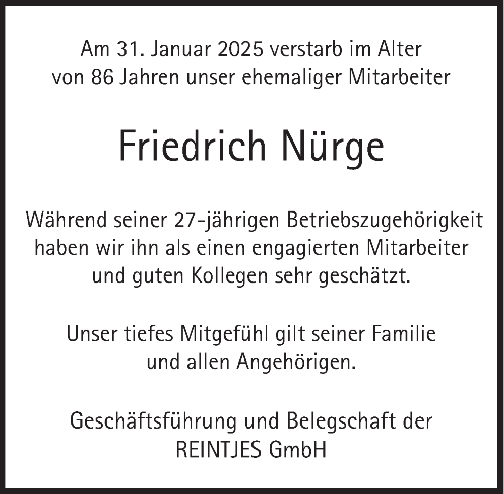  Traueranzeige für Friedrich Nürge vom 08.02.2025 aus Deister- und Weserzeitung