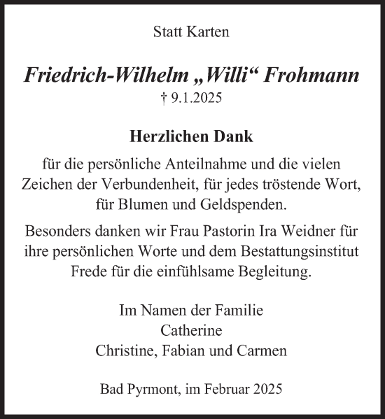 Traueranzeige von Friedrich-Wilhelm Frohmann von Deister- und Weserzeitung