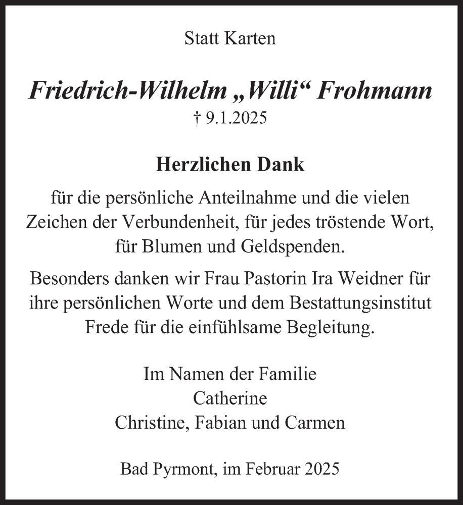  Traueranzeige für Friedrich-Wilhelm Frohmann vom 22.02.2025 aus Deister- und Weserzeitung