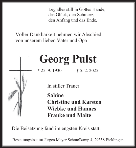 Traueranzeige von Georg Pulst von Deister- und Weserzeitung