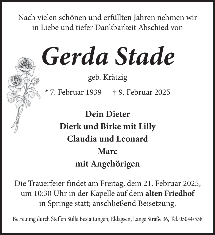  Traueranzeige für Gerda Stade vom 15.02.2025 aus Neue Deister-Zeitung