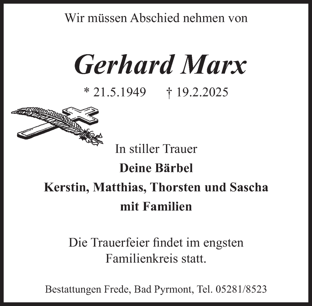  Traueranzeige für Gerhard Marx vom 22.02.2025 aus Deister- und Weserzeitung