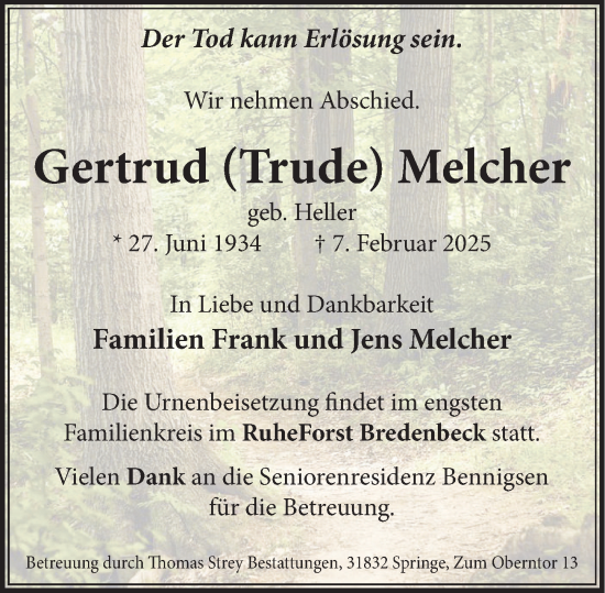 Traueranzeige von Gertrud  Melcher von Neue Deister-Zeitung