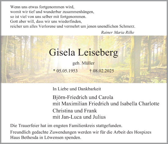 Traueranzeige von Gisela Leiseberg von Deister- und Weserzeitung