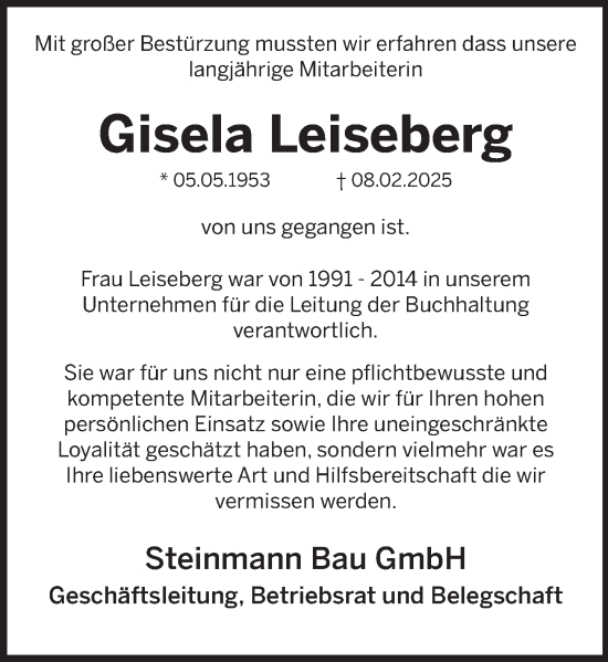 Traueranzeige von Gisela Leiseberg von Deister- und Weserzeitung