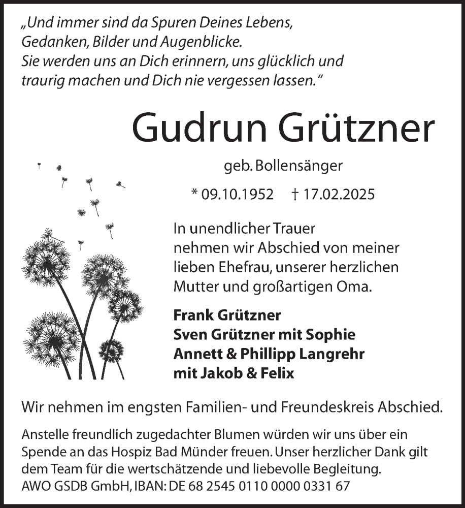  Traueranzeige für Gudrun Grützner vom 01.03.2025 aus Neue Deister-Zeitung