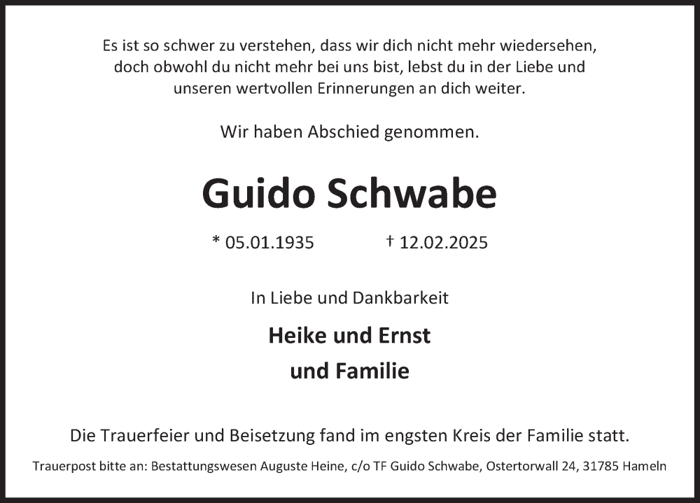  Traueranzeige für Guido Schwabe vom 01.03.2025 aus Deister- und Weserzeitung