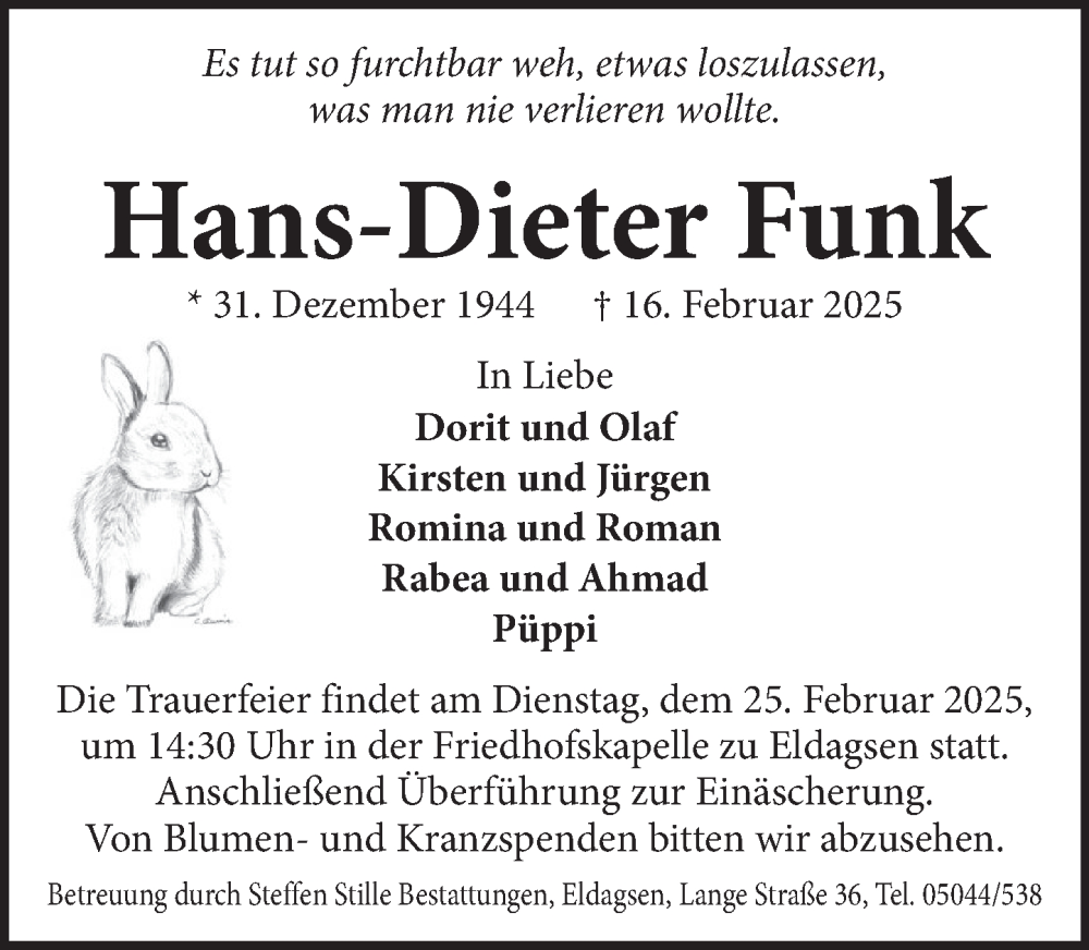  Traueranzeige für Hans-Dieter Funk vom 22.02.2025 aus Neue Deister-Zeitung