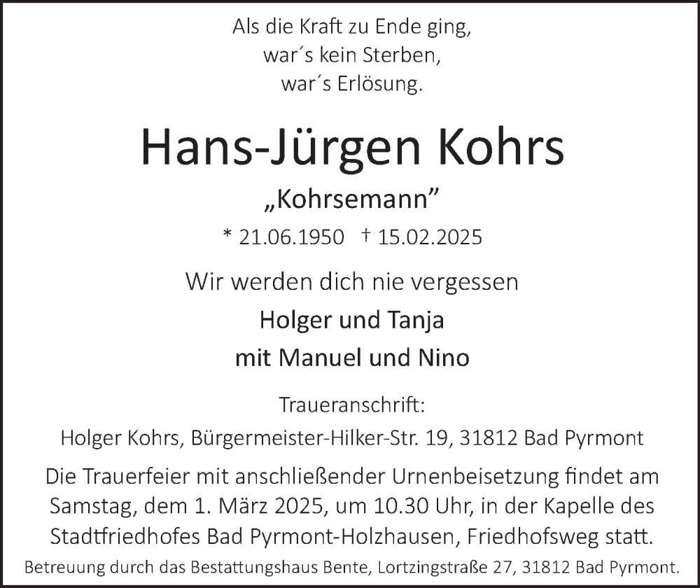  Traueranzeige für Hans-Jürgen Kohrs vom 22.02.2025 aus Deister- und Weserzeitung