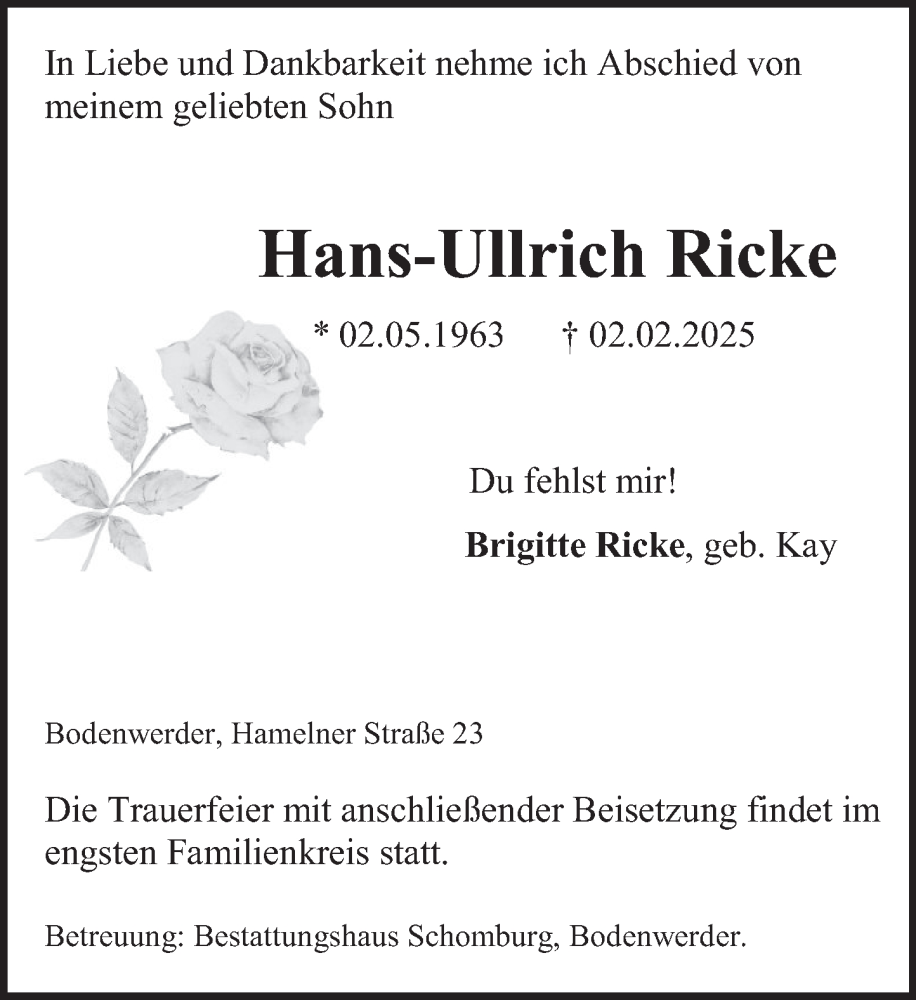  Traueranzeige für Hans-Ullrich Ricke vom 08.02.2025 aus Deister- und Weserzeitung