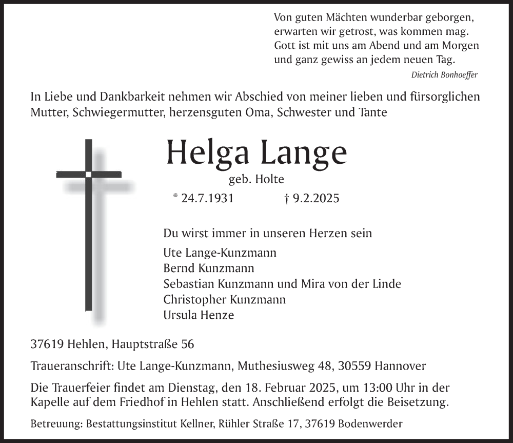  Traueranzeige für Helga Lange vom 15.02.2025 aus Deister- und Weserzeitung