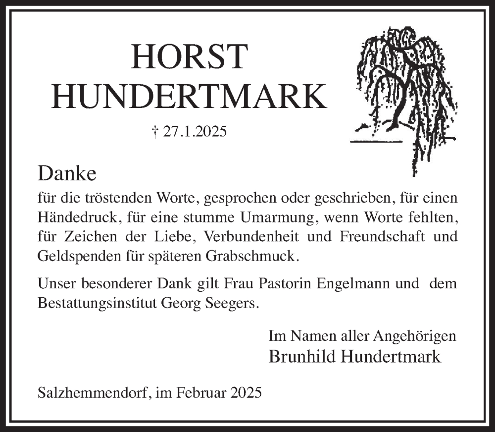  Traueranzeige für Horst Hundertmark vom 01.03.2025 aus Deister- und Weserzeitung