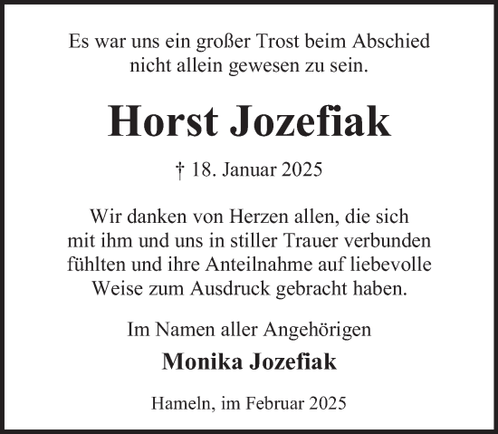 Traueranzeige von Horst Jozefiak von Deister- und Weserzeitung