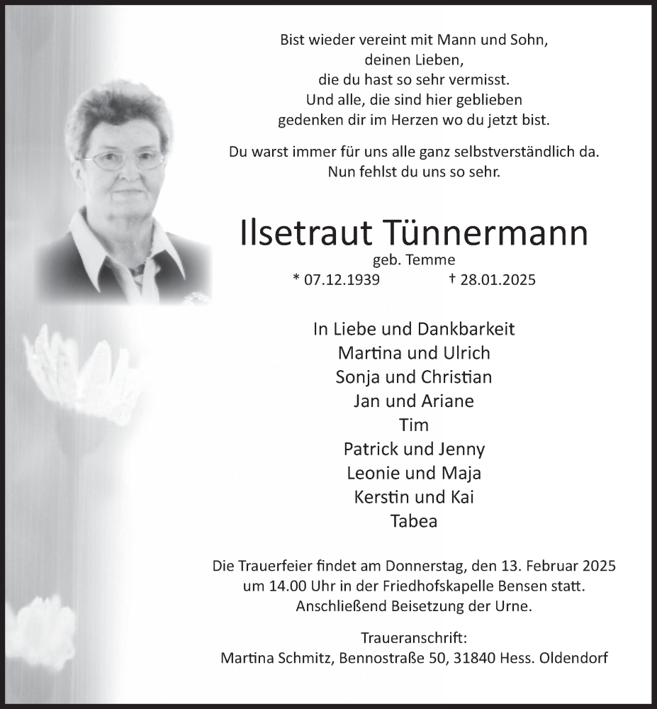  Traueranzeige für Ilsetraut Tünnermann vom 08.02.2025 aus Deister- und Weserzeitung