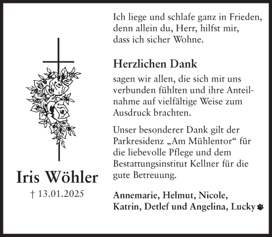 Traueranzeige von Iris Wöhler von Deister- und Weserzeitung