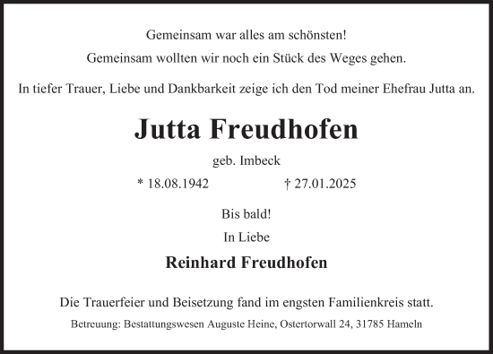 Traueranzeige von Jutta Freudhofen von Deister- und Weserzeitung
