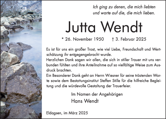 Traueranzeige von Jutta Wendt von Neue Deister-Zeitung
