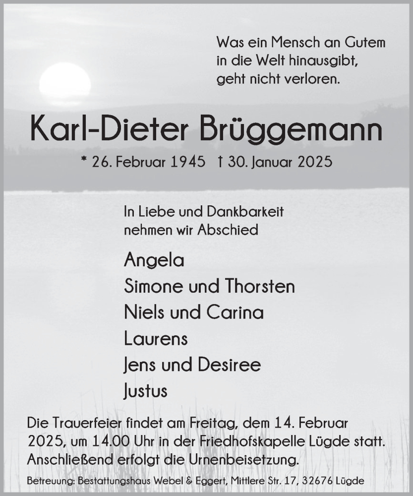  Traueranzeige für Karl-Dieter Brüggemann vom 08.02.2025 aus Deister- und Weserzeitung