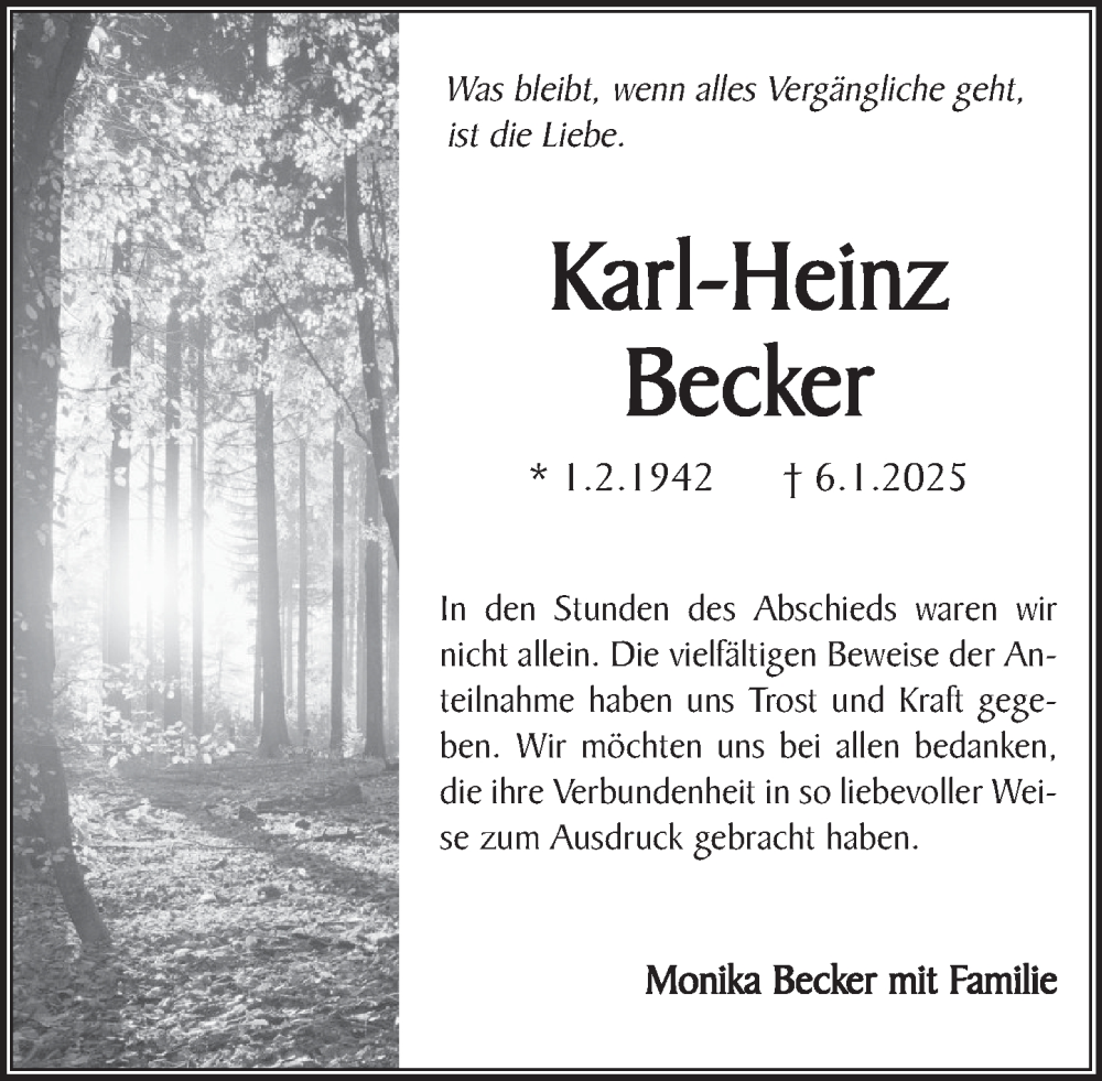  Traueranzeige für Karl-Heinz Becker vom 08.02.2025 aus Deister- und Weserzeitung