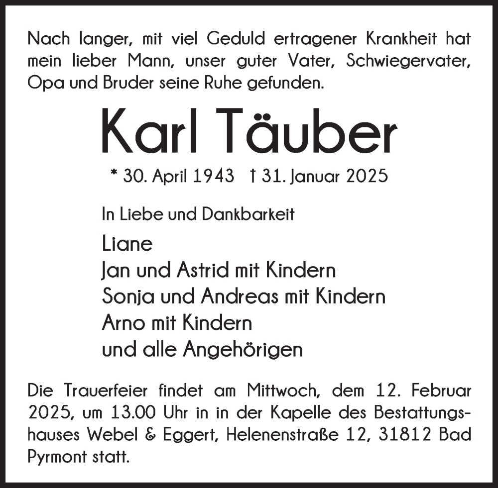  Traueranzeige für Karl Täuber vom 08.02.2025 aus Deister- und Weserzeitung