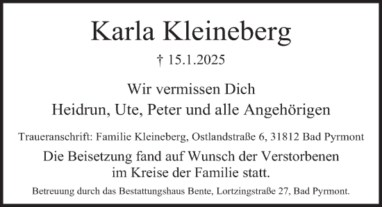 Traueranzeige von Karla Kleineberg von Deister- und Weserzeitung
