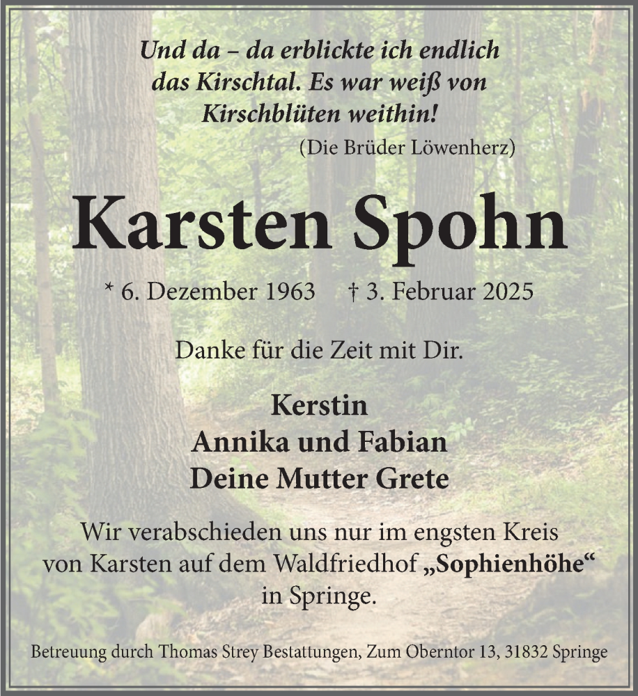  Traueranzeige für Karsten Spohn vom 08.02.2025 aus Neue Deister-Zeitung
