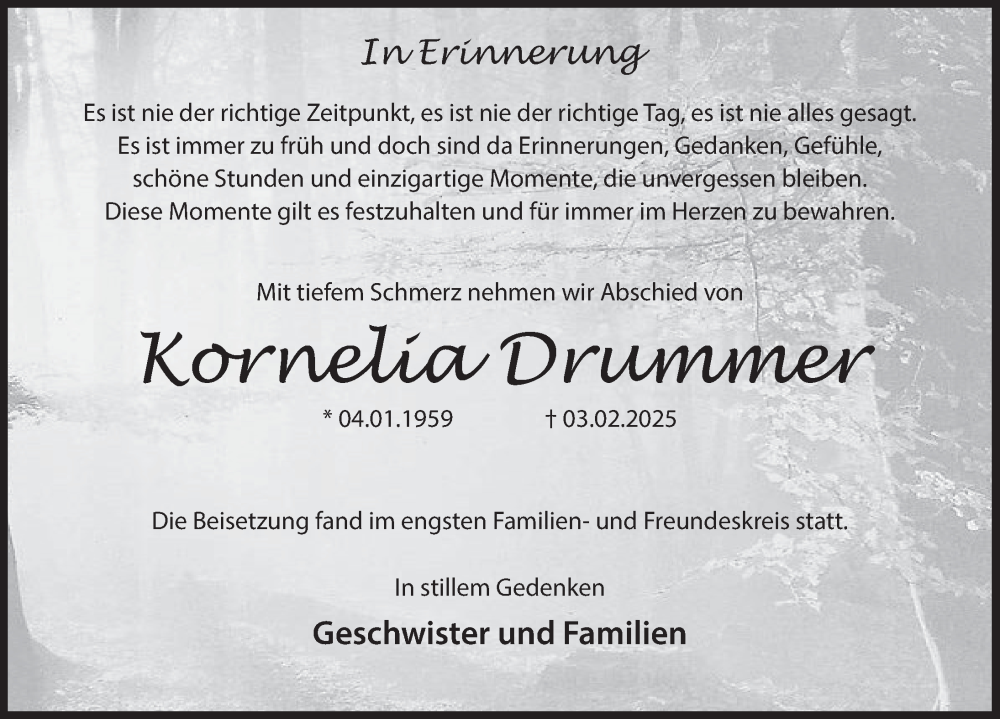  Traueranzeige für Kornelia Drummer vom 01.03.2025 aus Deister- und Weserzeitung
