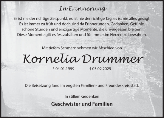 Traueranzeige von Kornelia Drummer von Deister- und Weserzeitung