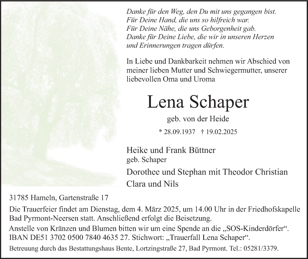  Traueranzeige für Lena Schaper vom 26.02.2025 aus Deister- und Weserzeitung