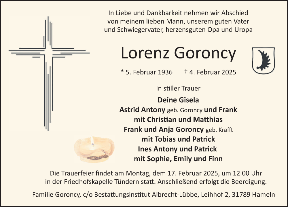  Traueranzeige für Lorenz Goroncy vom 12.02.2025 aus Deister- und Weserzeitung