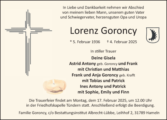 Traueranzeige von Lorenz Goroncy von Deister- und Weserzeitung