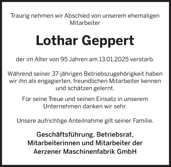Traueranzeige von Lothar Geppert von Deister- und Weserzeitung