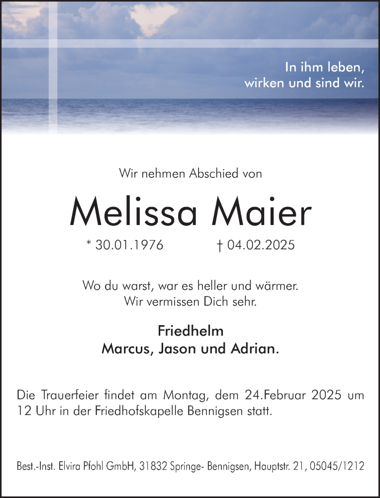  Traueranzeige für Malissa Maier vom 22.02.2025 aus Neue Deister-Zeitung