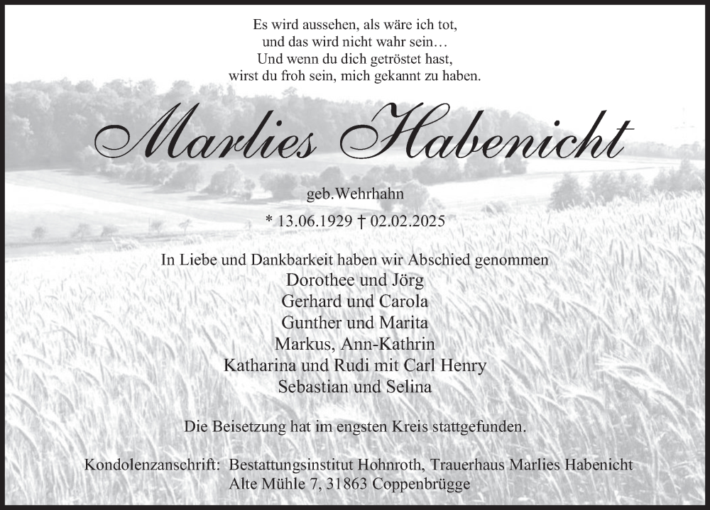  Traueranzeige für Marlies Habenicht vom 15.02.2025 aus Deister- und Weserzeitung