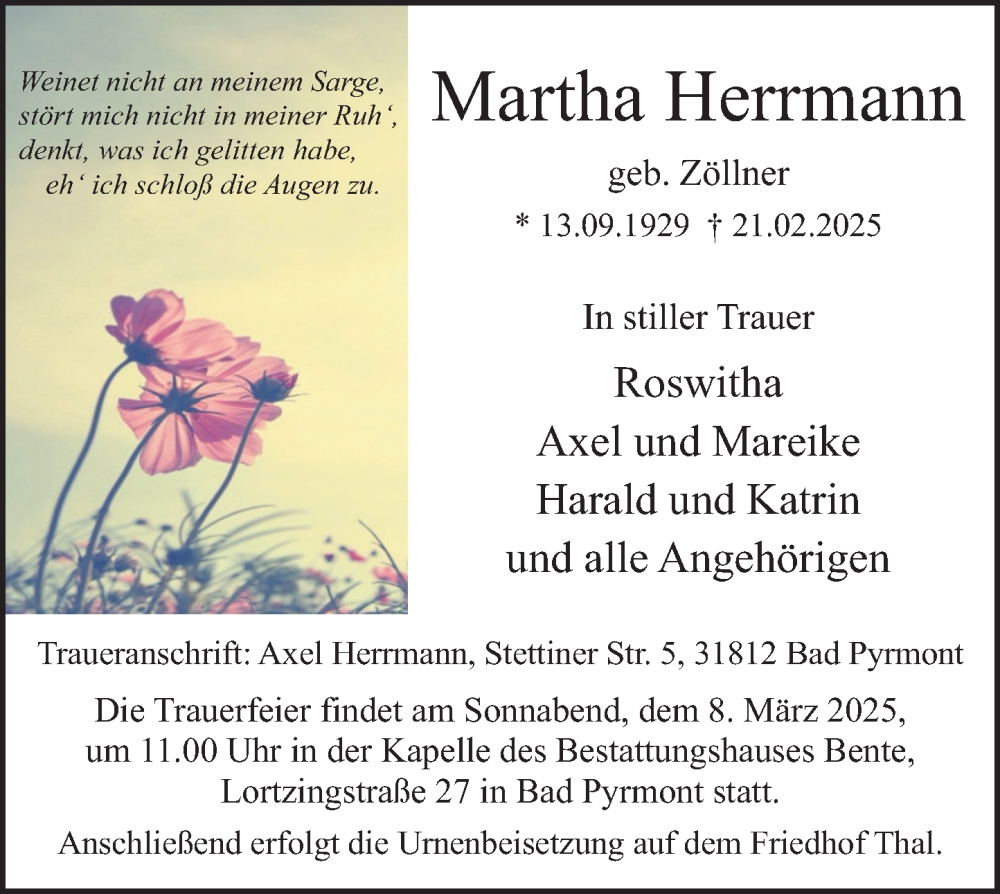  Traueranzeige für Martha Herrmann vom 01.03.2025 aus Deister- und Weserzeitung