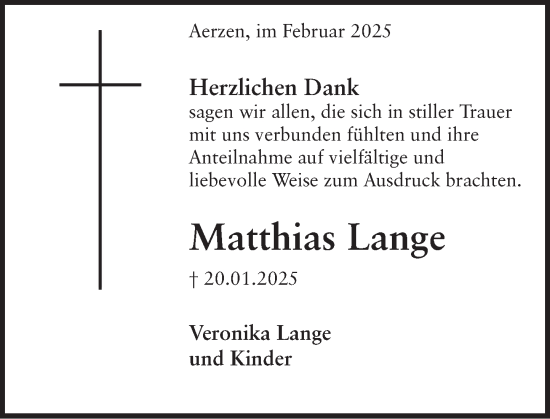 Traueranzeige von Matthias Lange von Deister- und Weserzeitung