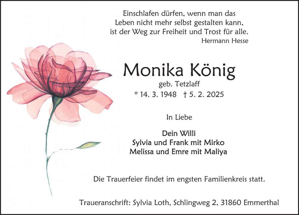  Traueranzeige für Monika König vom 15.02.2025 aus Deister- und Weserzeitung