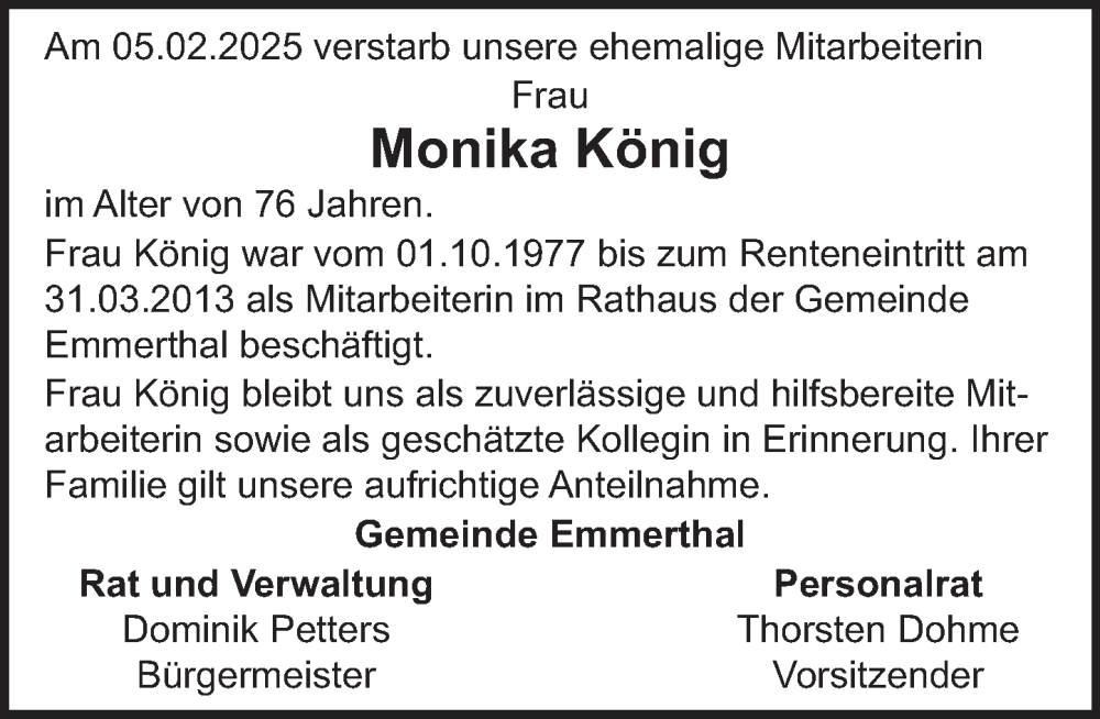  Traueranzeige für Monika König vom 15.02.2025 aus Deister- und Weserzeitung
