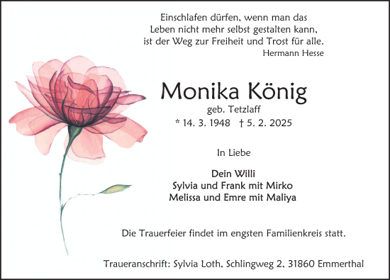 Traueranzeige von Monika König von Deister- und Weserzeitung