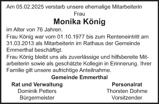 Traueranzeige von Monika König von Deister- und Weserzeitung