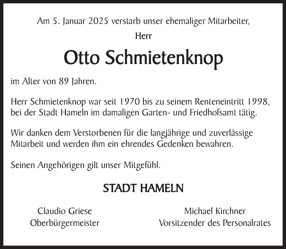  Traueranzeige für Otto Schmietenknop vom 12.02.2025 aus Deister- und Weserzeitung
