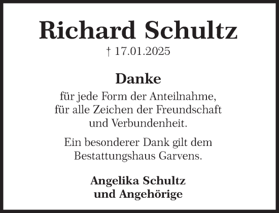 Traueranzeige von Richard Schultz von Deister- und Weserzeitung