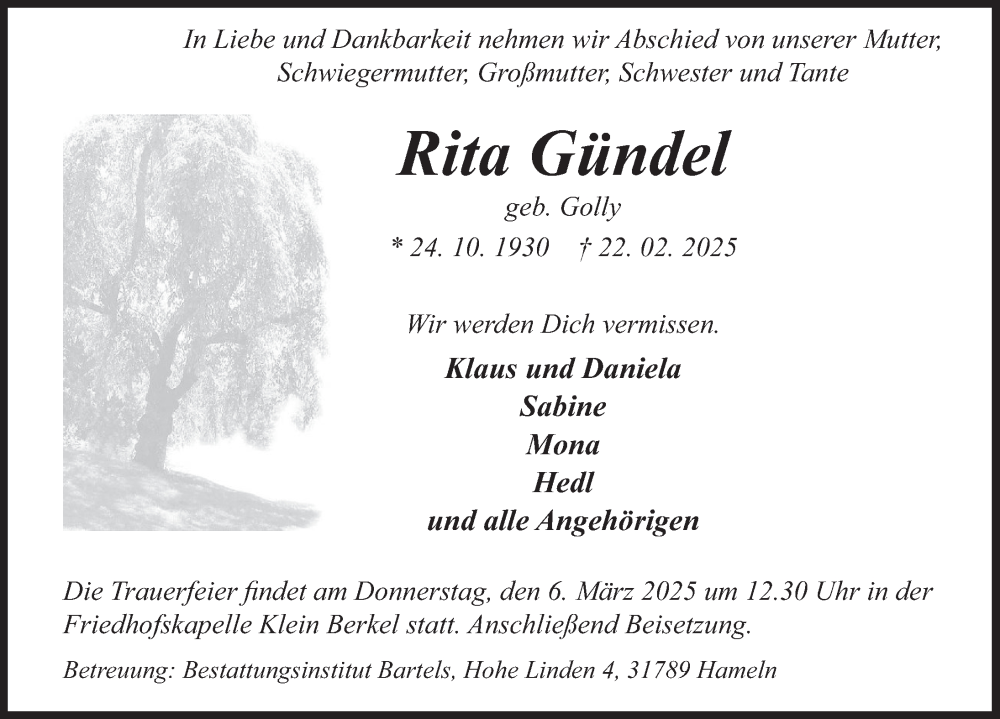  Traueranzeige für Rita Gündel vom 01.03.2025 aus Deister- und Weserzeitung