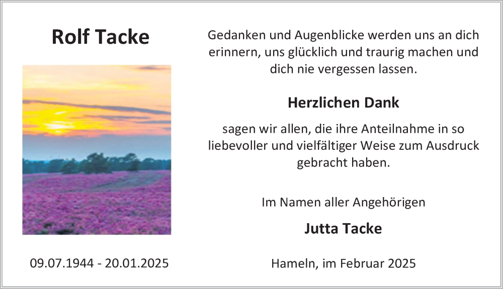  Traueranzeige für Rolf Tacke vom 22.02.2025 aus Deister- und Weserzeitung