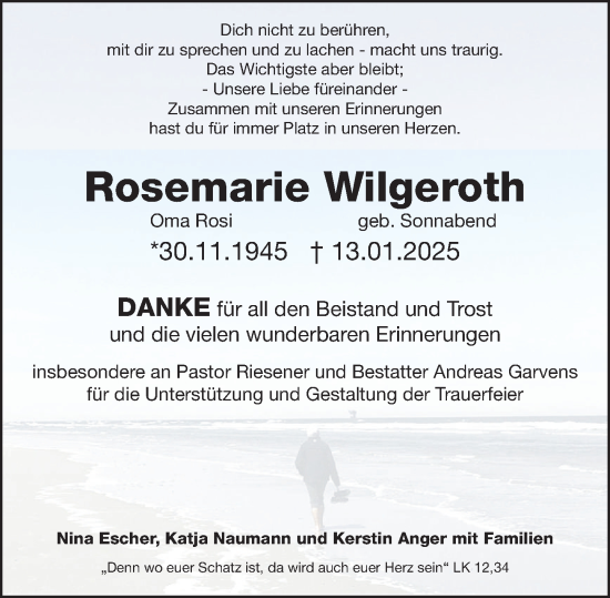 Traueranzeige von Rosemarie Wilgeroth von Deister- und Weserzeitung