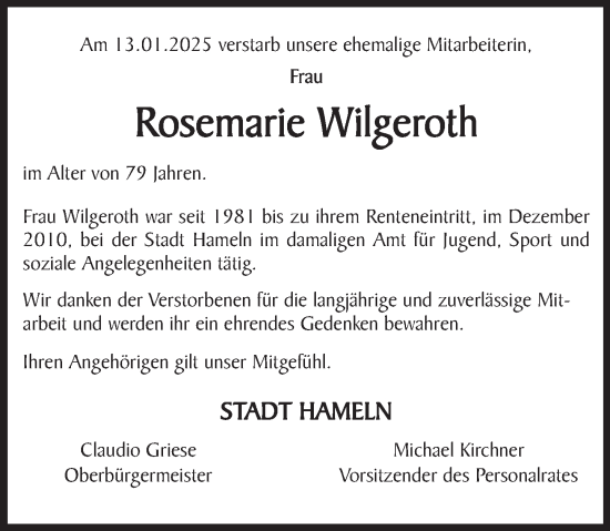 Traueranzeige von Rosemarie Wilgeroth von Deister- und Weserzeitung