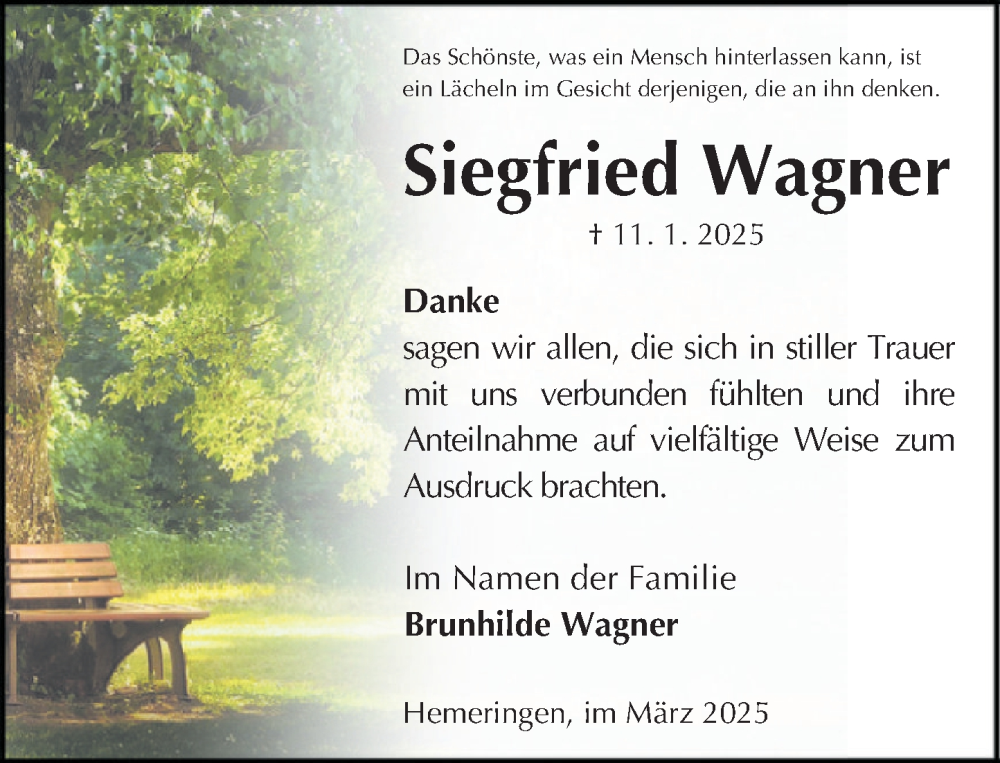  Traueranzeige für Siegfried Wagner vom 01.03.2025 aus Deister- und Weserzeitung